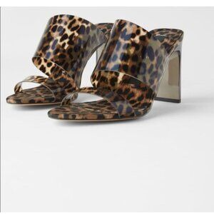 Zara Leopard Print Vinyl Heeled Mules Size EU 39 US 8.5 NWT